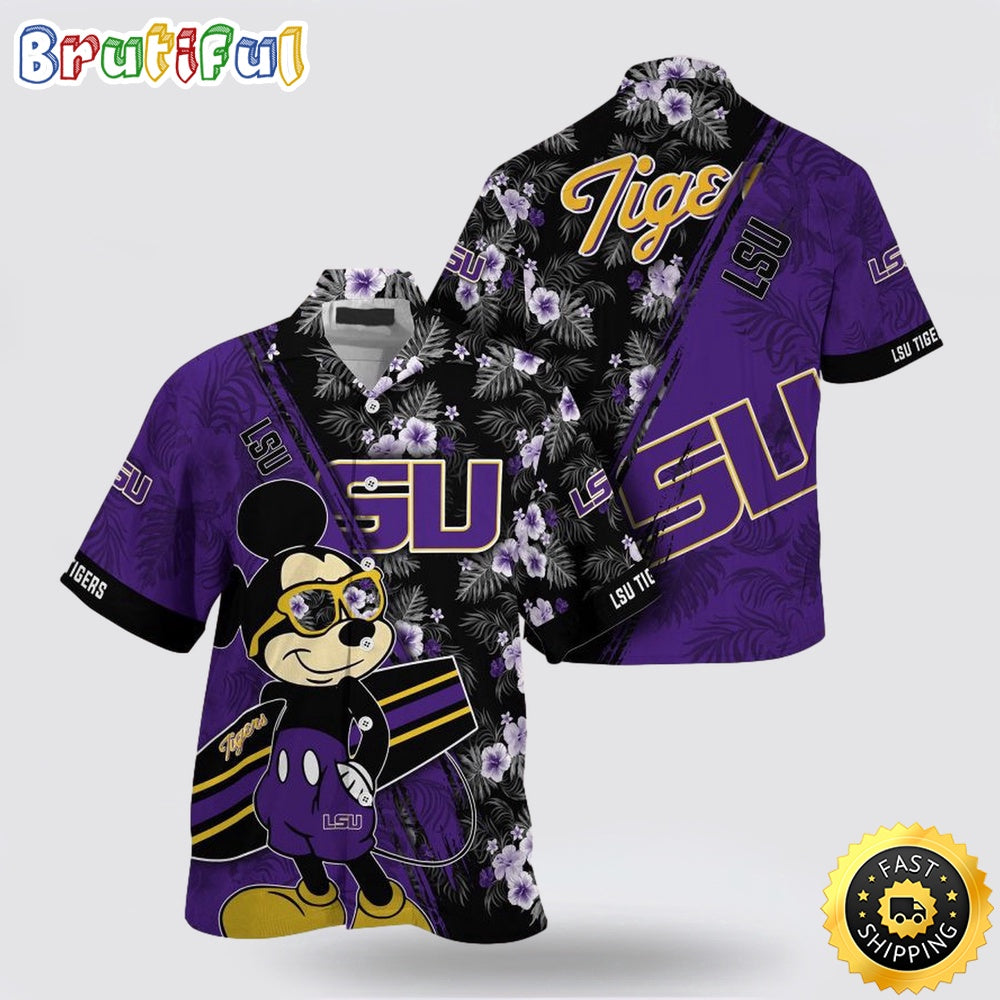 NCAA Lsu Tigers Hawaiian Shirt Mickey And Floral Pattern