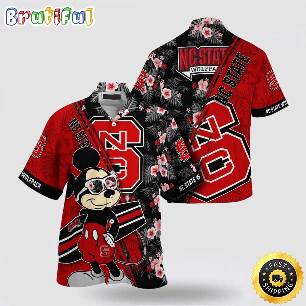 NCAA Nc State Wolfpack Hawaiian Shirt Mickey And Floral Pattern