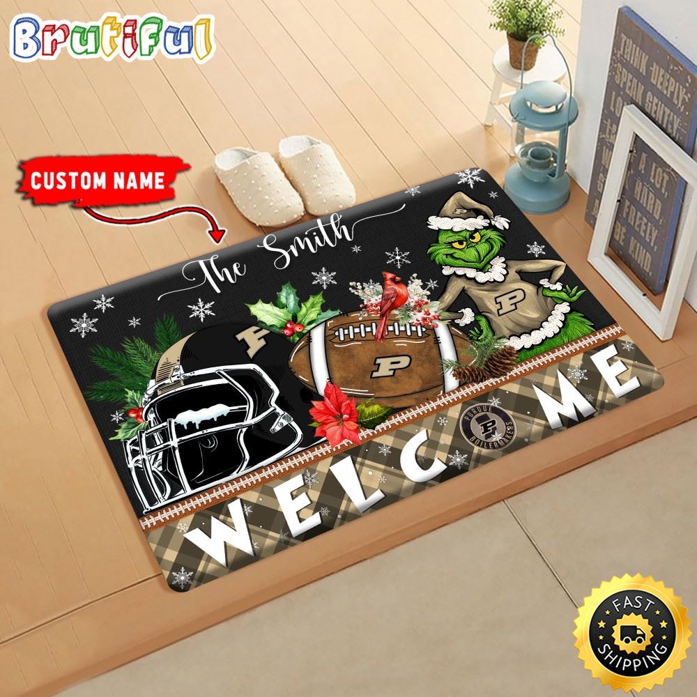 NCAA Purdue Boilermakers Doormat Grinch Christmas Welcome Custom Name Football Doormat