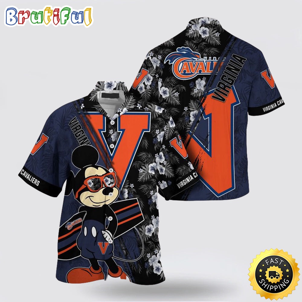 NCAA Virginia Cavaliers Hawaiian Shirt Mickey And Floral Pattern