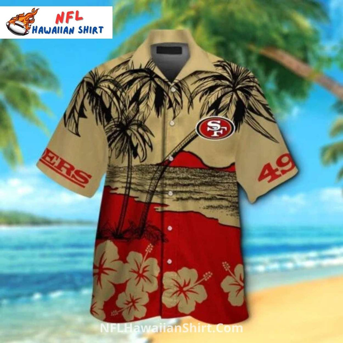 NFL 49ers Hawaiian Shirt Beige And Red Palm Tree Beach Theme