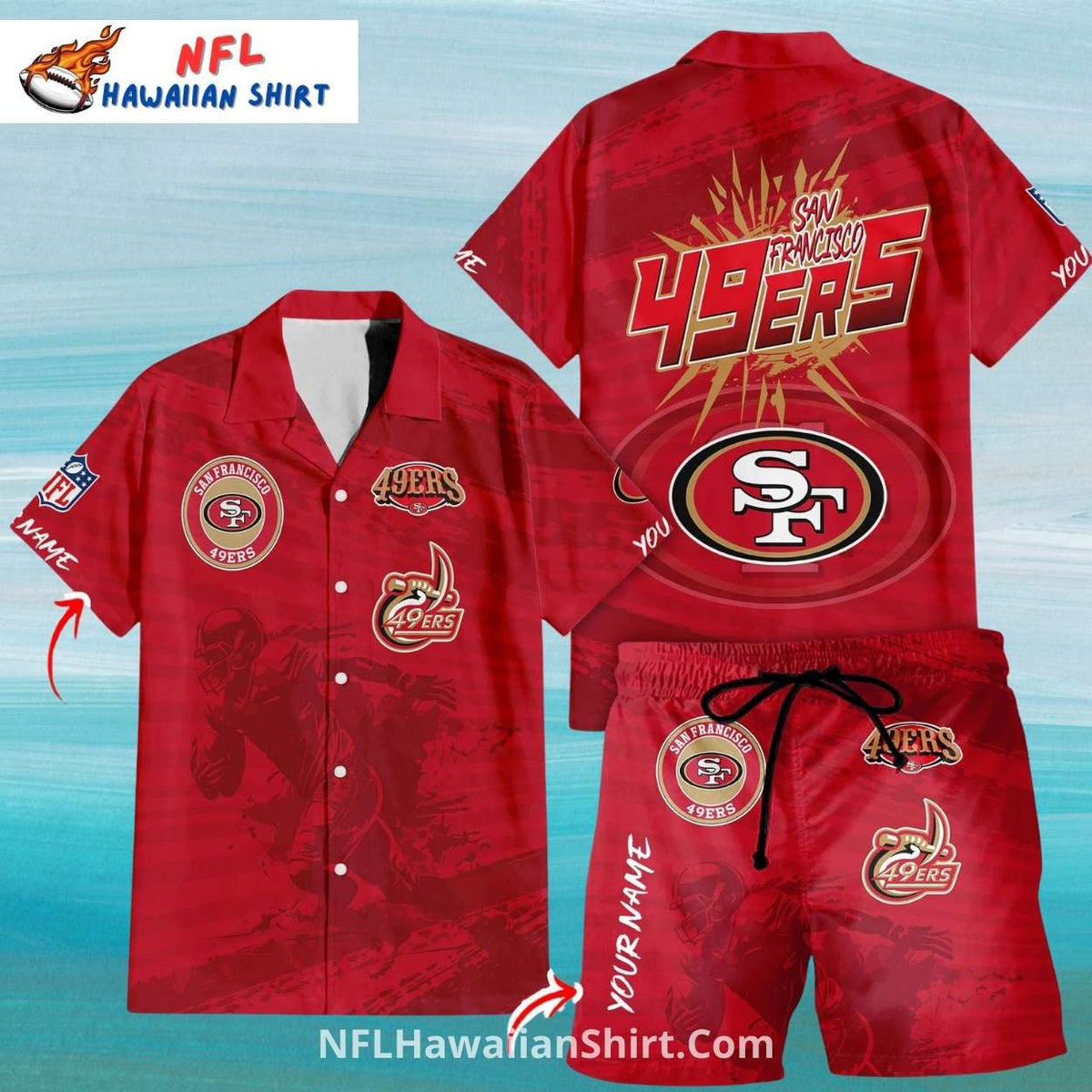 NFL 49ers Hawaiian Shirt Custom Name Red Team Spirit Set