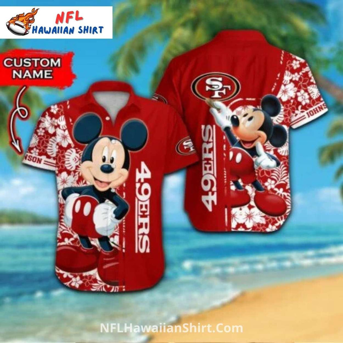 NFL 49ers Hawaiian Shirt Mickey Mouse Red Floral Design