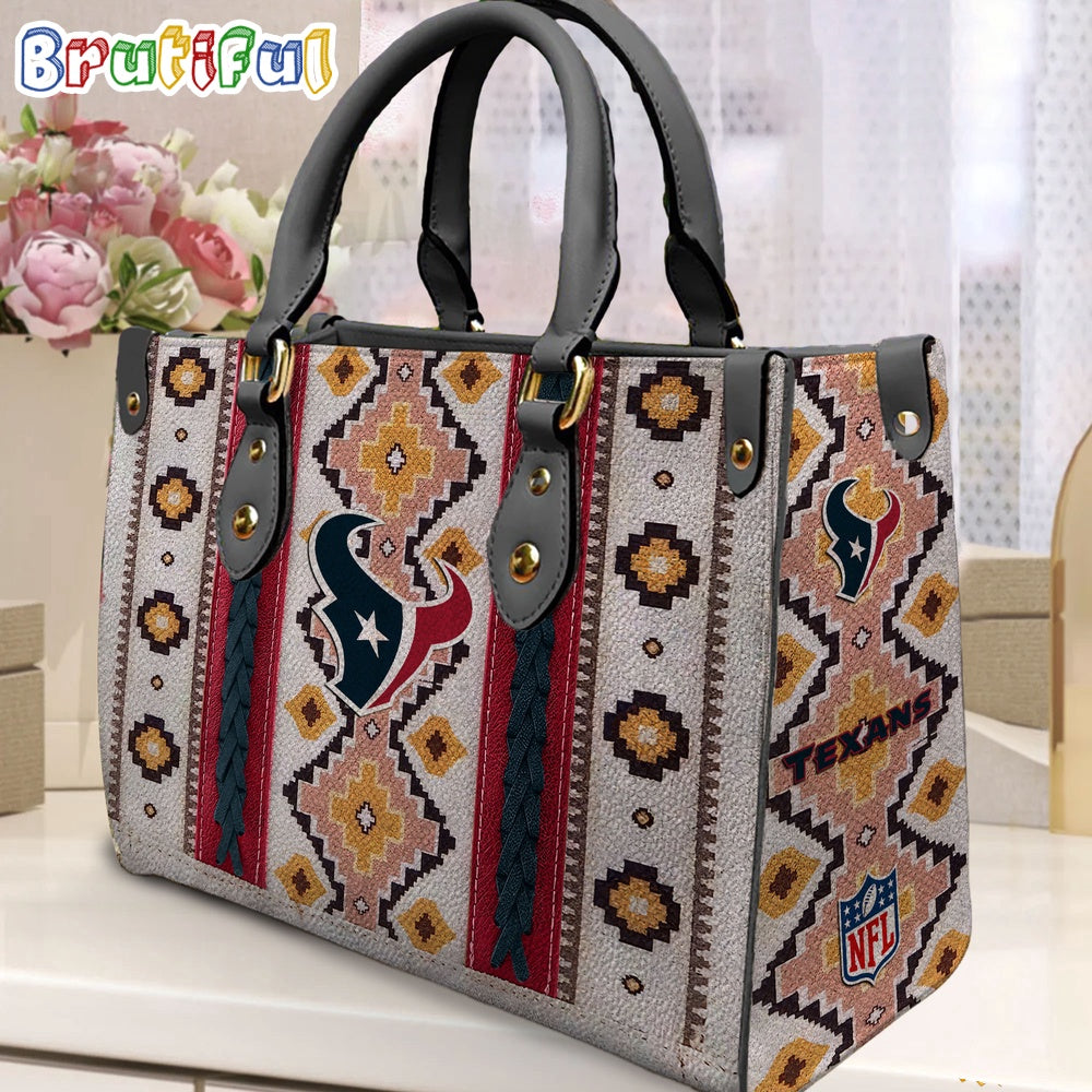 NFL Houston Texans Native American Pattern Leather Bag, Football Women Leather Bag