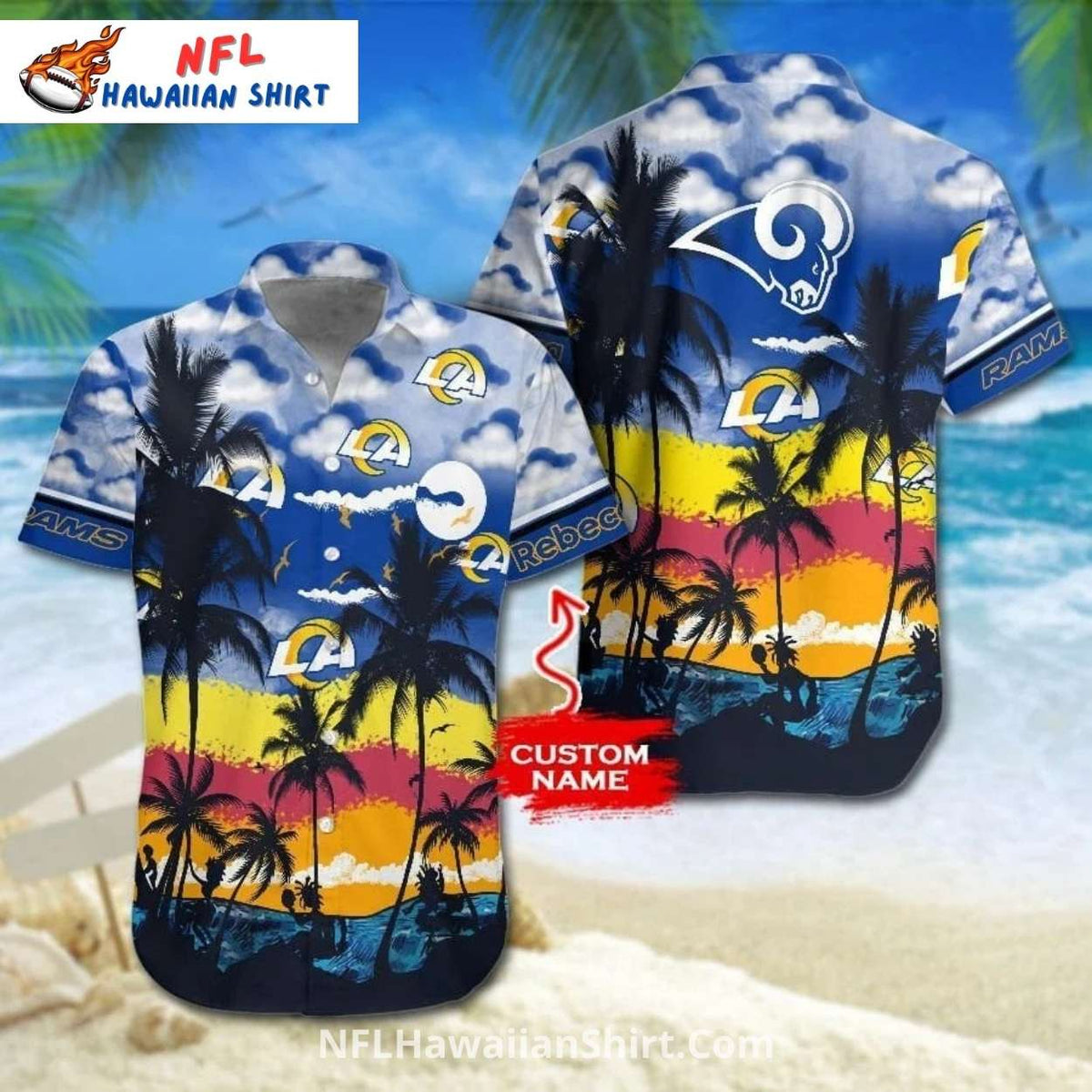 NFL LA Rams Tropical Beach Sunset Custom Name Hawaiian Shirt
