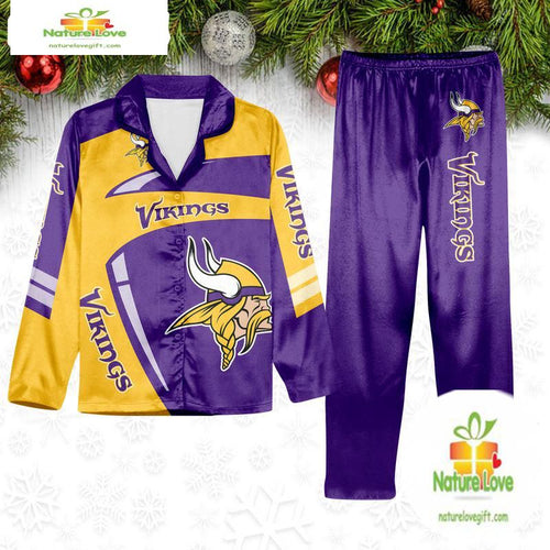 NFL Minnesota Vikings Football Team Winter Satin Pajamas Set Gift for Fans