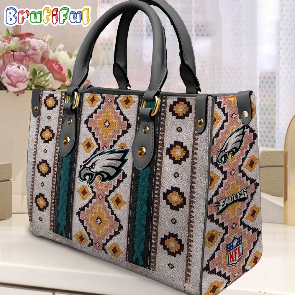 NFL Philadelphia Eagles Native American Pattern Leather Bag, Football Women Leather Bag