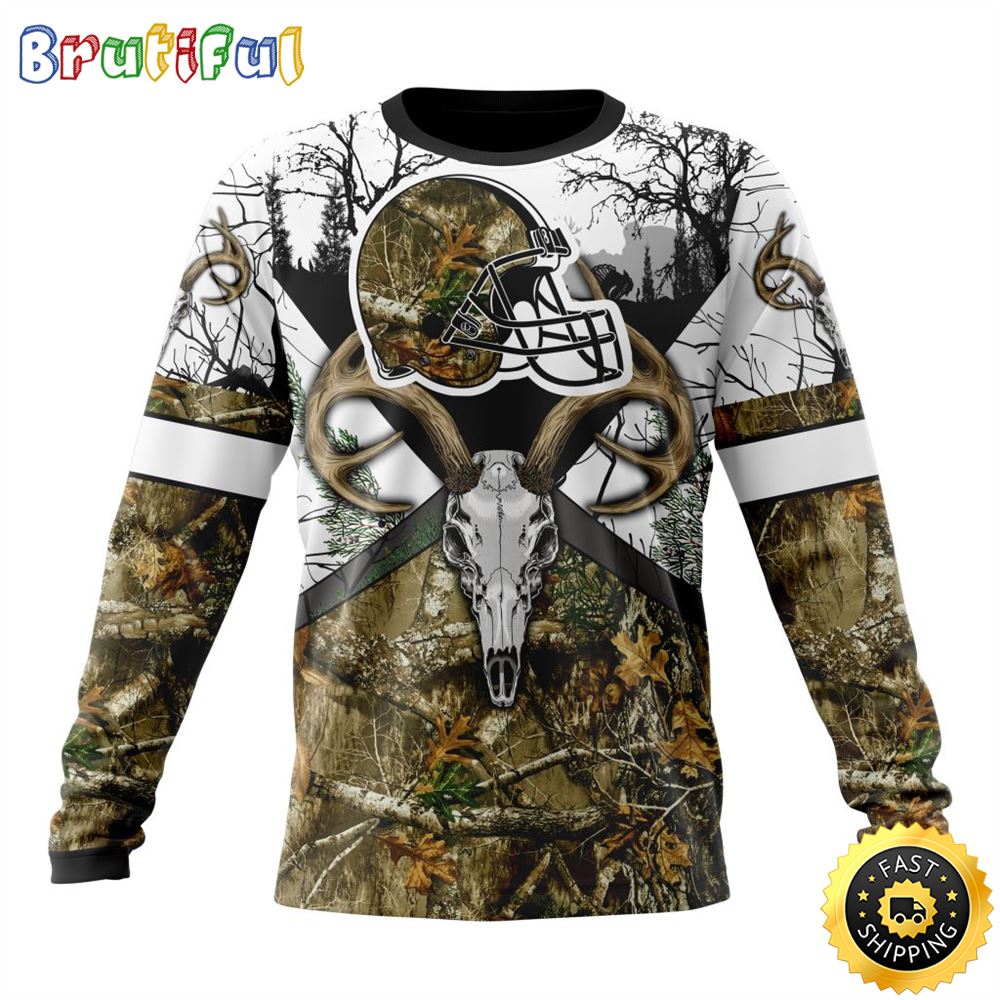 NFL Cleveland Browns Crewneck Sweatshirt Deer Skull And Forest Pattern Represent Your Team