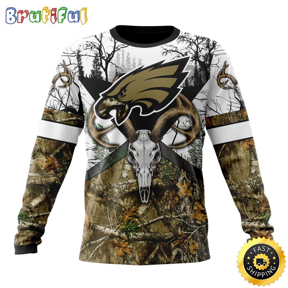 NFL Philadelphia Eagles Crewneck Sweatshirt Deer Skull And Forest Pattern Represent Your Team