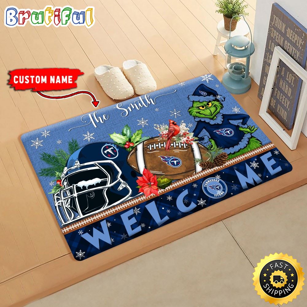 NFL Tennessee Titans Doormat Grinch Christmas Welcome Custom Name Football Doormat