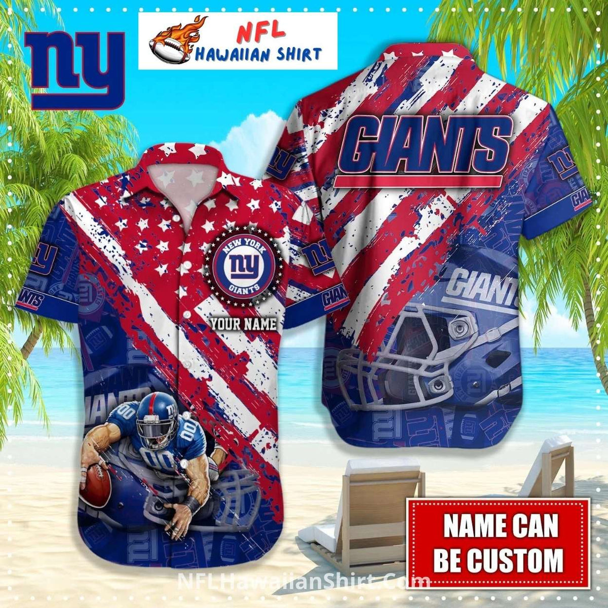 NY Giants Distressed American Flag Hawaiian Shirt