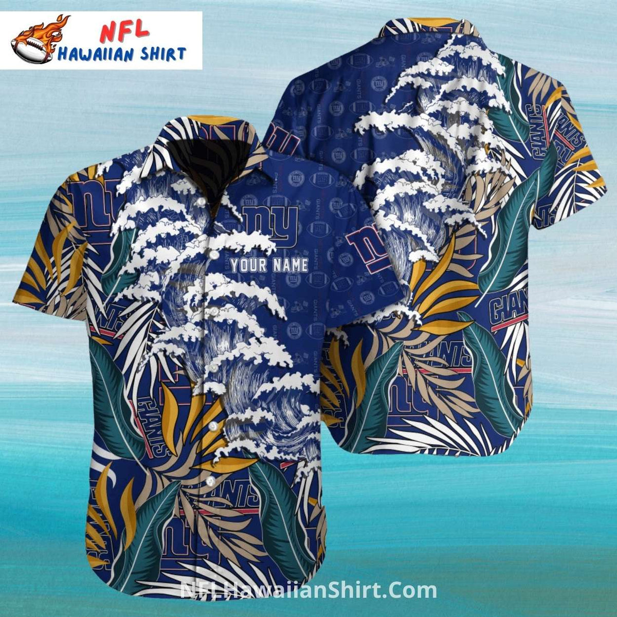 NY Giants Ocean Wave And Tropical Leaf Aloha Shirt