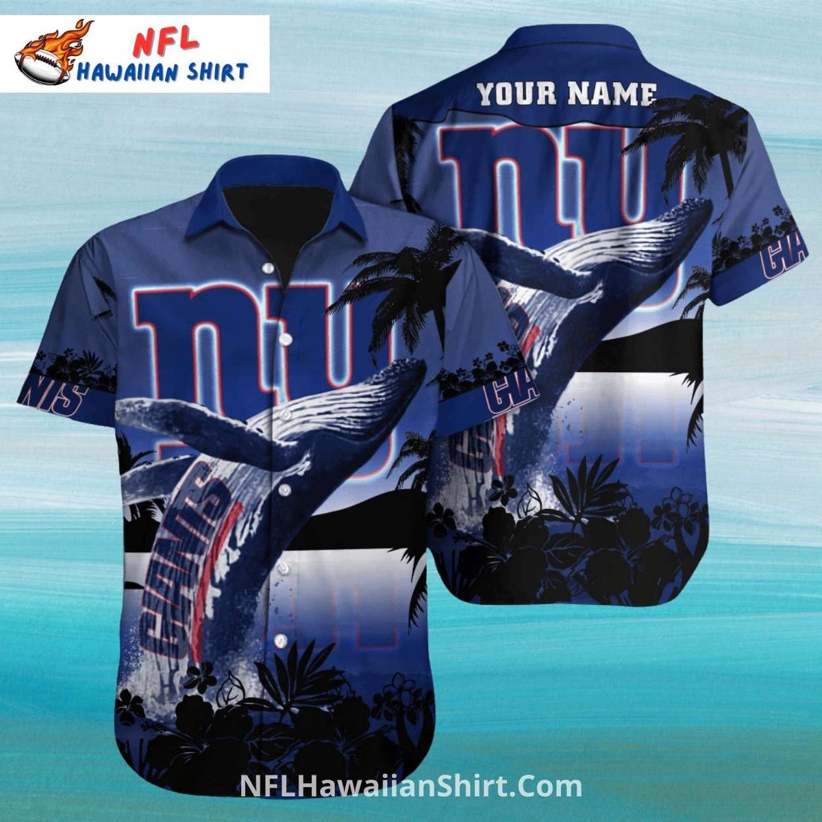 NY Giants Whale Jumping Tropical Scene Aloha Shirt