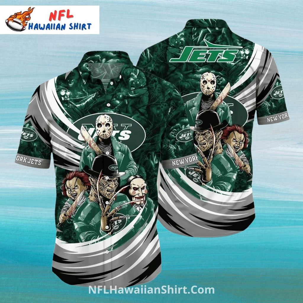 NY Jets Aloha Shirt With Horror Characters And Stripes