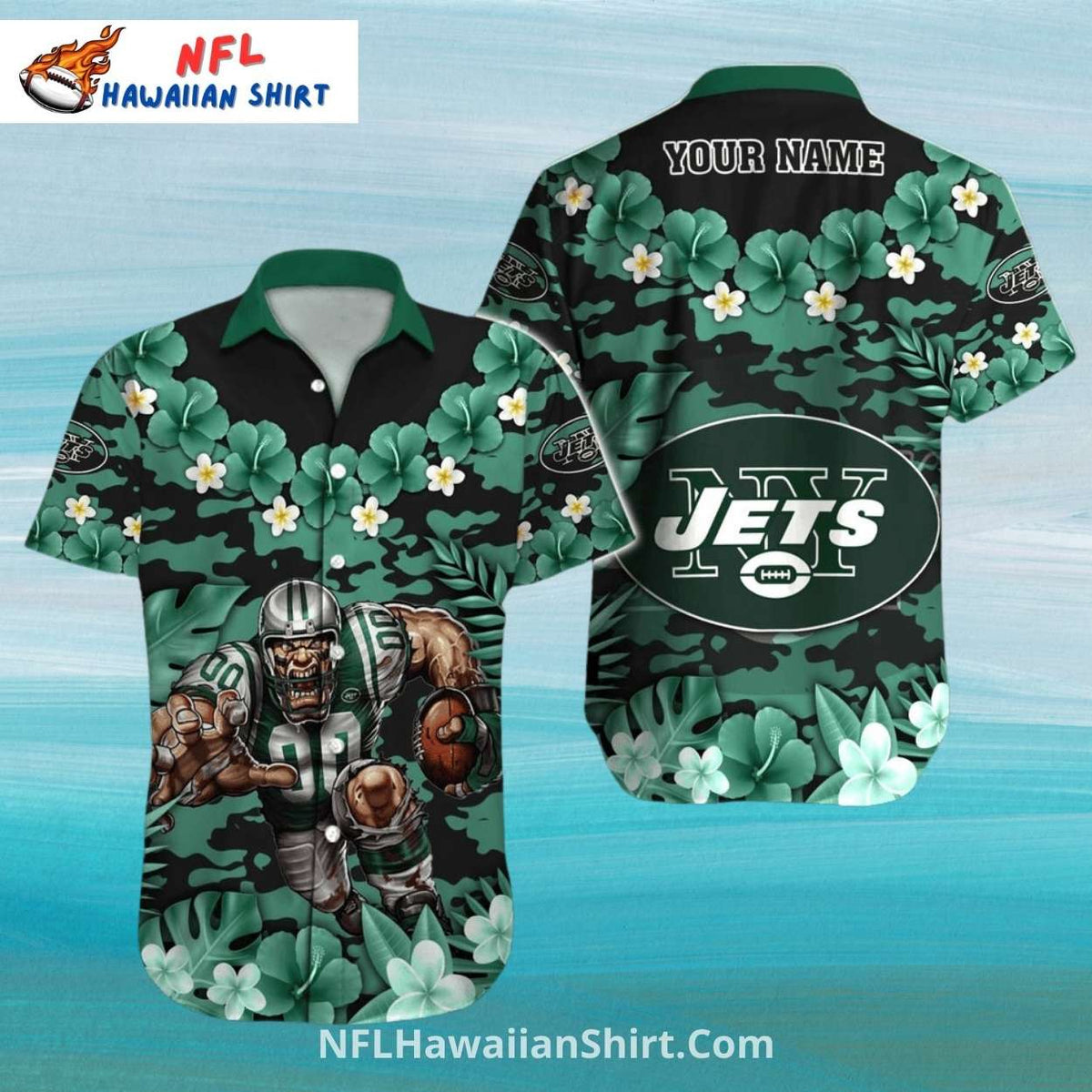 NY Jets Hawaiian Shirt – Green Camouflage And Floral Pattern
