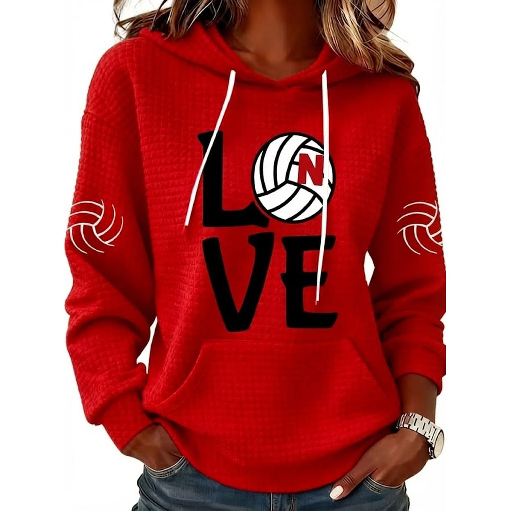 Nebraska Volleyball Love Printed Waffle Hoodie