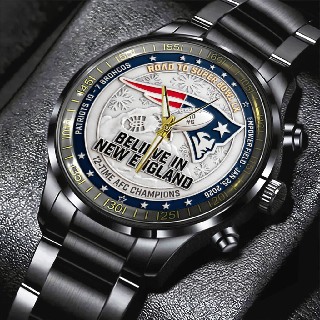 New England Patriots 2025 AFC Champions Black Stainless Steel Watch - TANTN20685