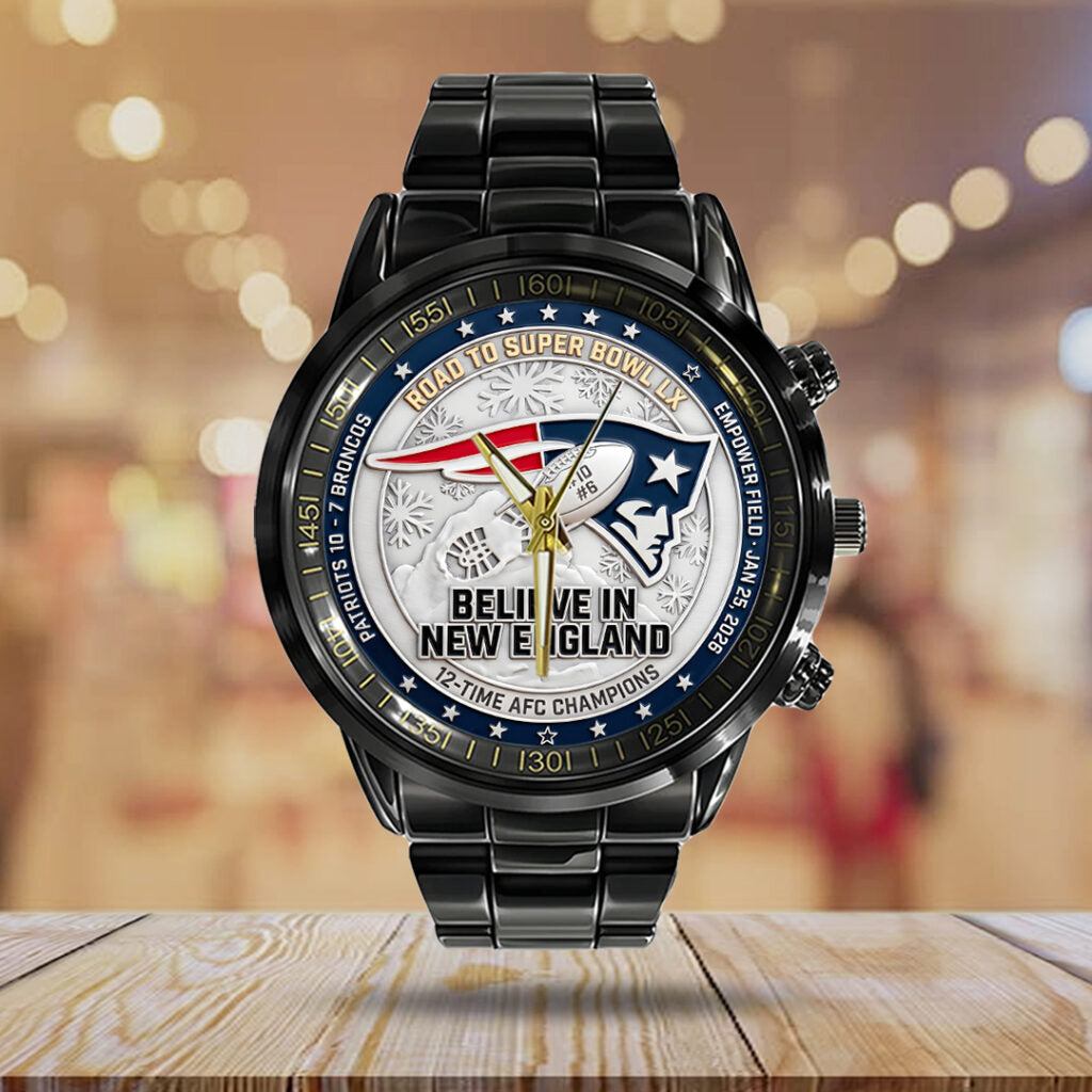 New England Patriots 2025 AFC Champions Black Stainless Steel Watch - TANTN20685