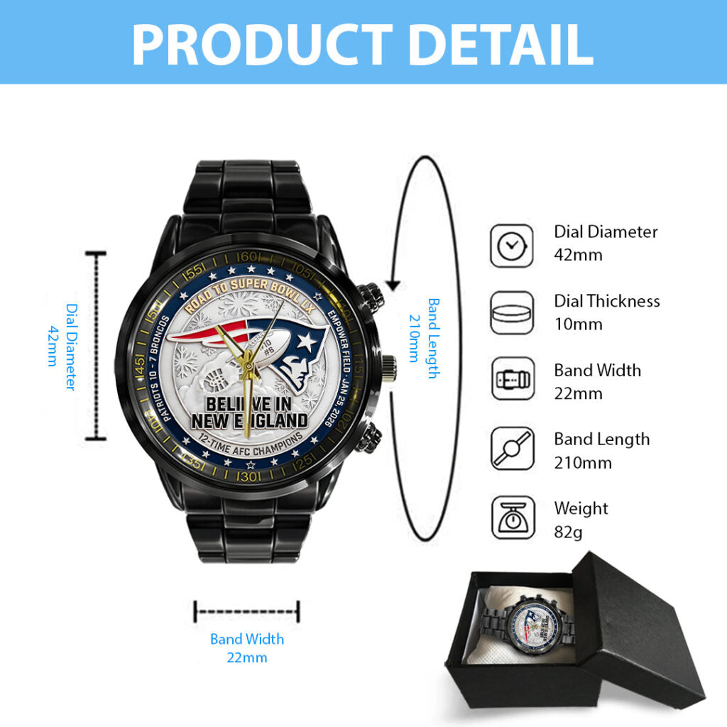 New England Patriots 2025 AFC Champions Black Stainless Steel Watch - TANTN20685
