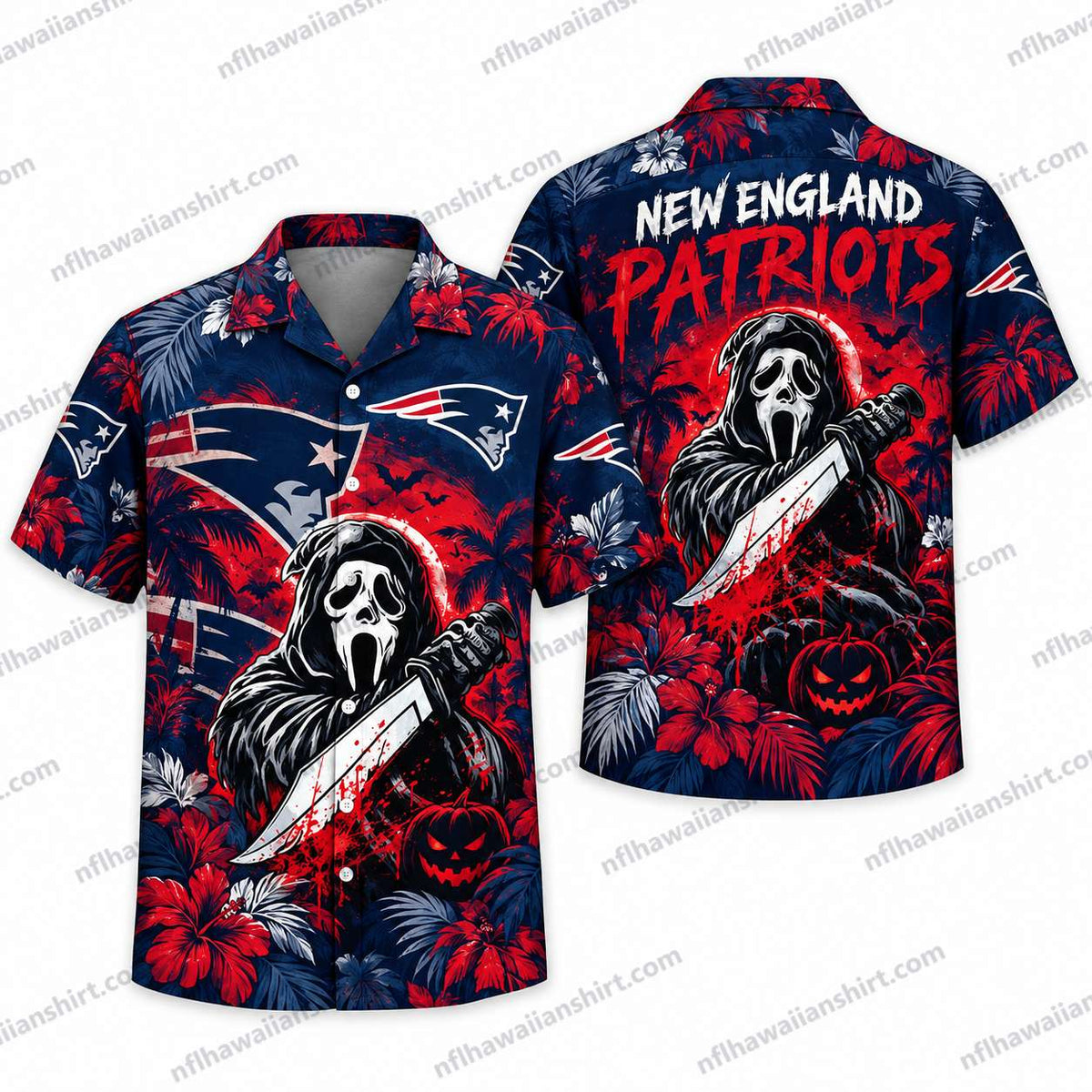New England Patriots Ghostface Chainsaw Halloween Hawaiian Shirt
