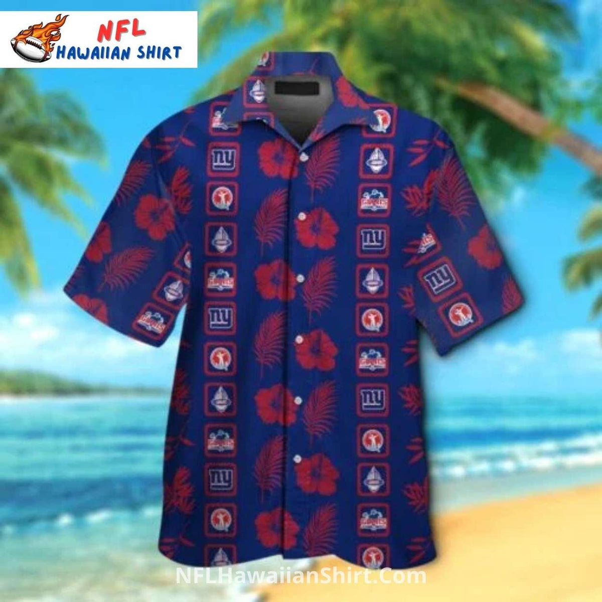 New York Giants Aloha Shirt Navy Red Hibiscus Print