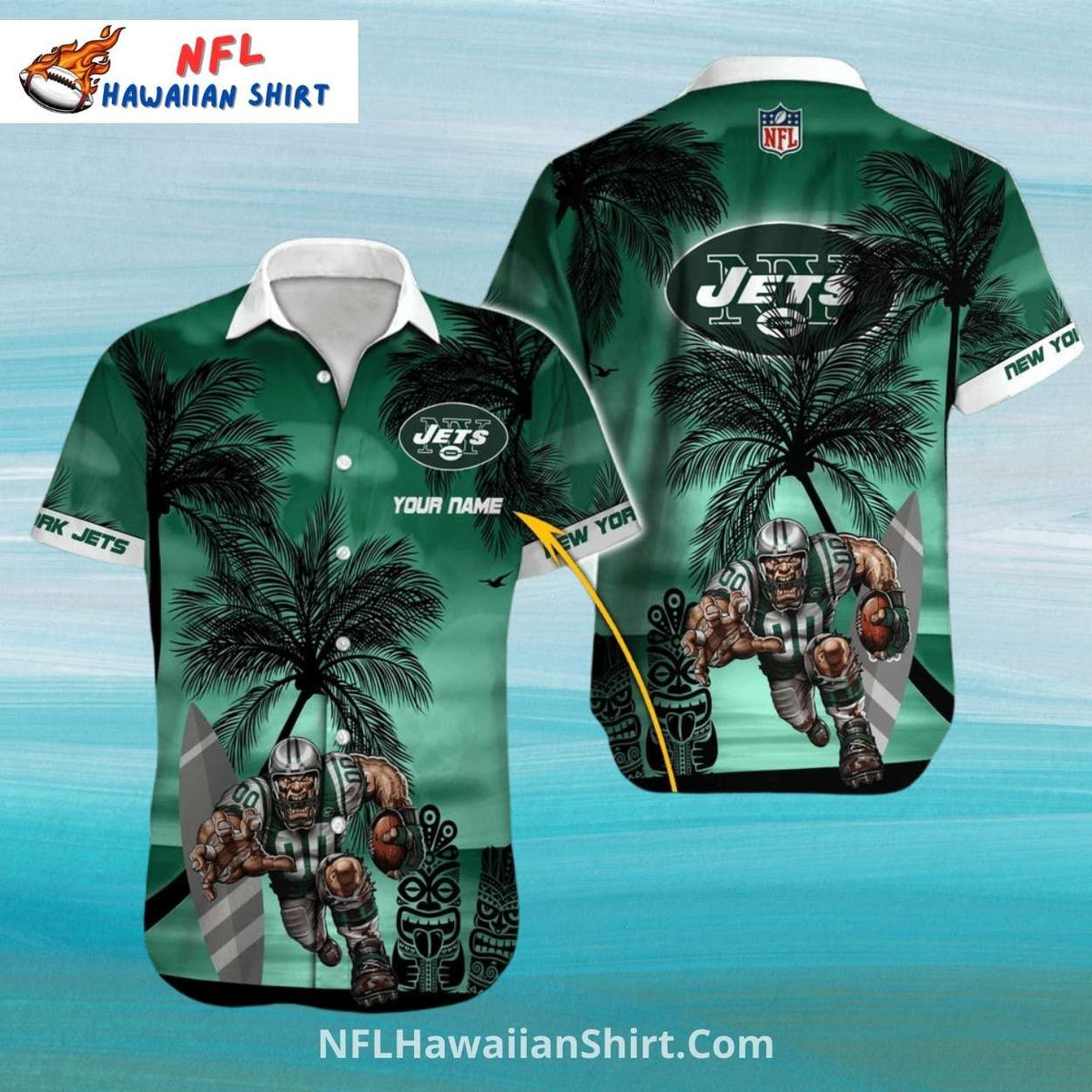 New York Jets Aloha Shirt – Palm Trees And Tribal Warrior