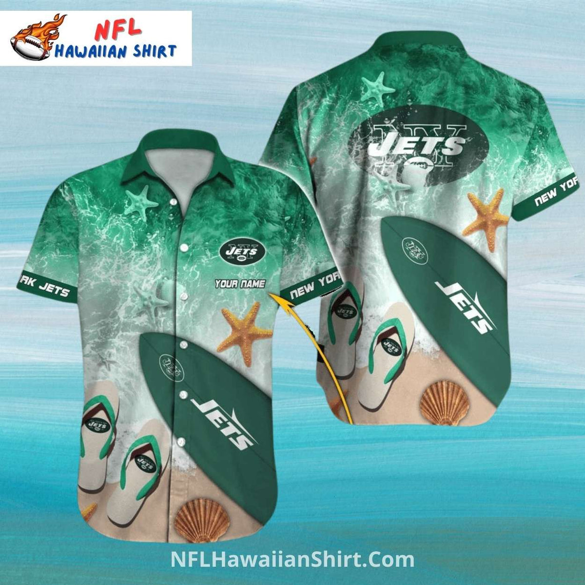 New York Jets Aloha Shirt – Sand, Surfboard, And Seashell Design