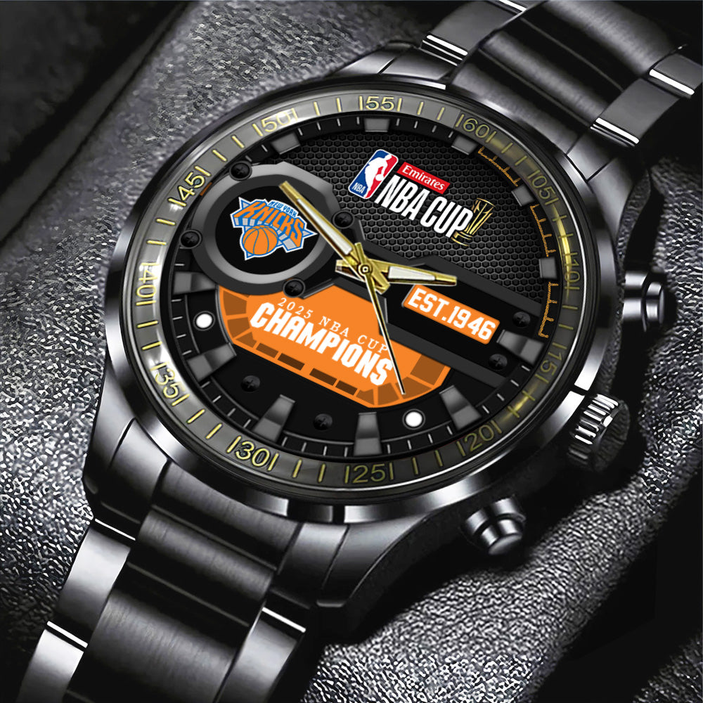 New York Knicks 2025 NBA Cup Champions Black Stainless Steel Watch - MAITM14111