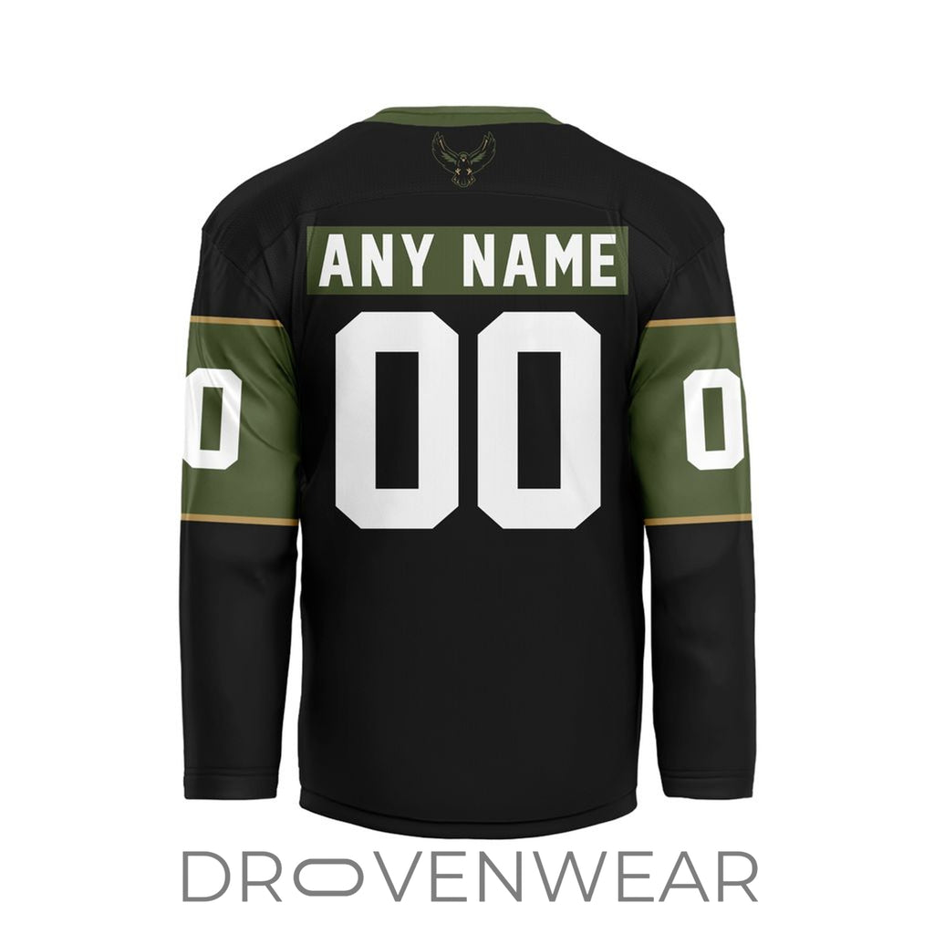 Nll Rochester Knighthawks Personalized Black V-shaped Hockey Jersey Design