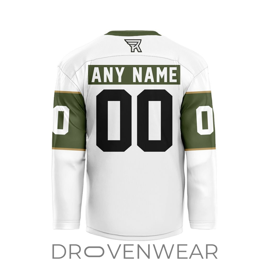Nll Rochester Knighthawks Personalized White V-shaped Hockey Jersey Design