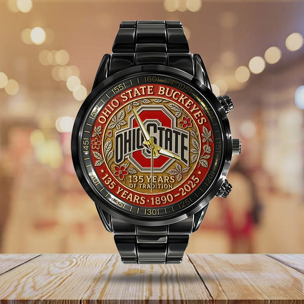 Ohio State Buckeyes Football Black Stainless Steel Watch - TANTN17955
