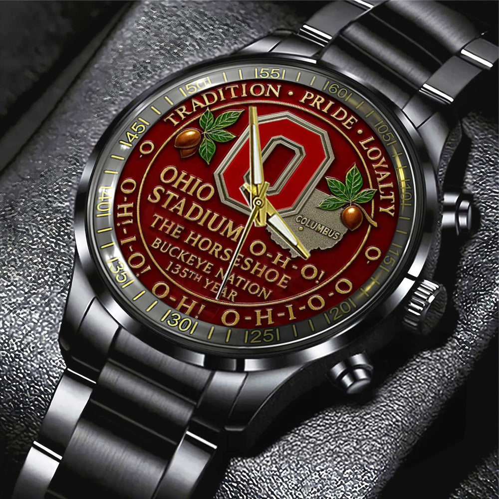 Ohio State Buckeyes Football Black Stainless Steel Watch - TANTN17994