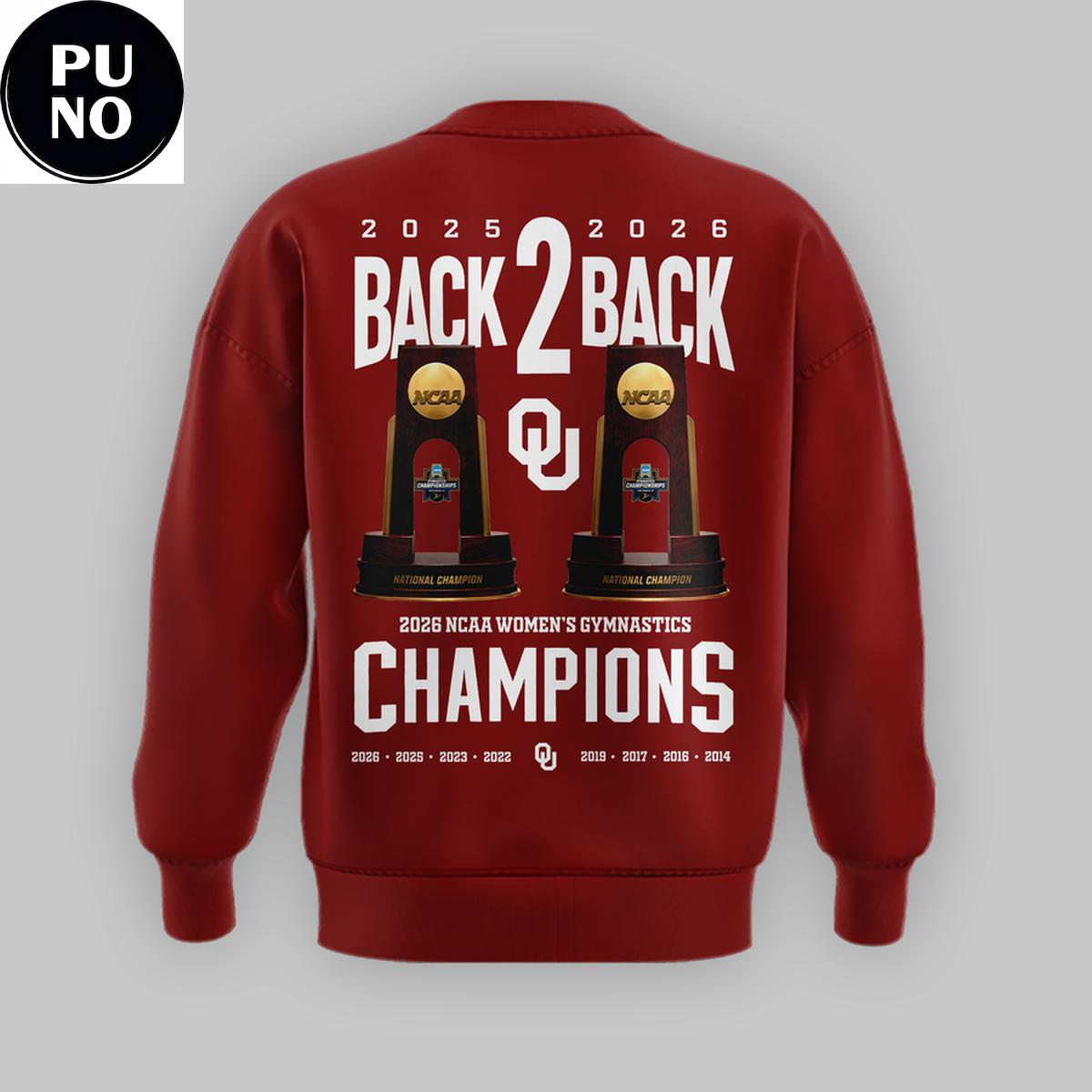 Oklahoma Sooners 2026 Women's Gymnastics National Champions Back2Back Hoodie Shirt