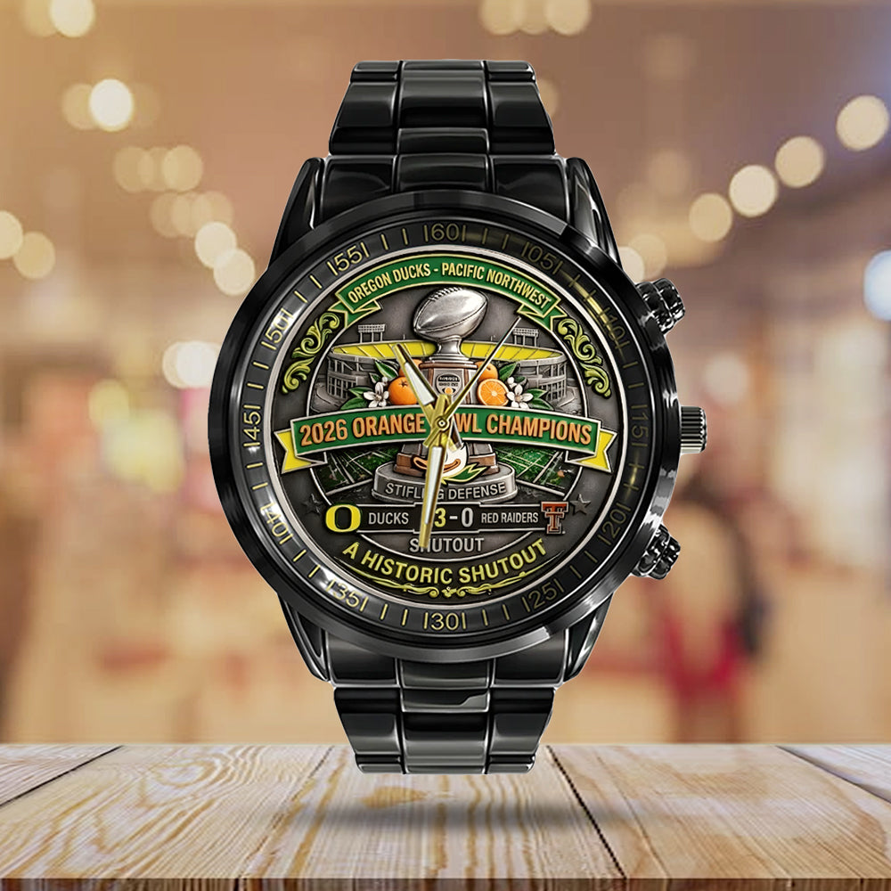 Oregon Ducks Football Orange Bowl Champions Black Stainless Steel Watch - MAITM14355