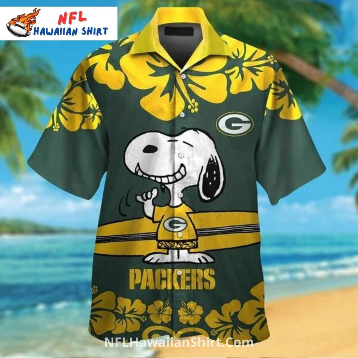 Packers Hawaiian Shirt Featuring Snoopy On A Surfboard