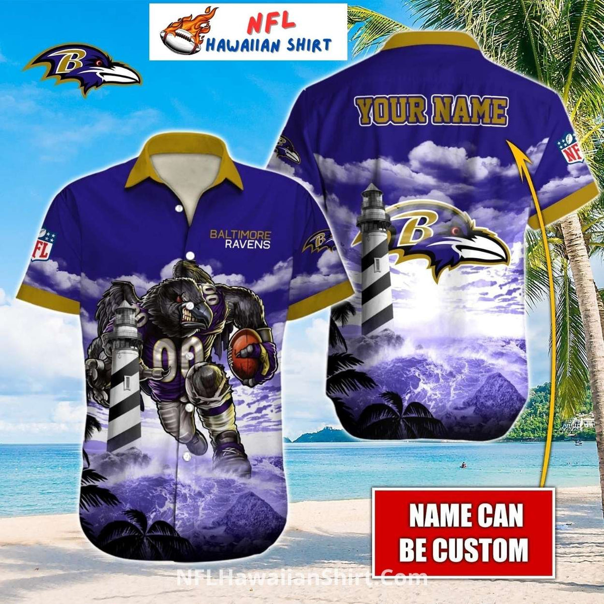 Personalized Baltimore Ravens Lighthouse Theme Aloha Shirt