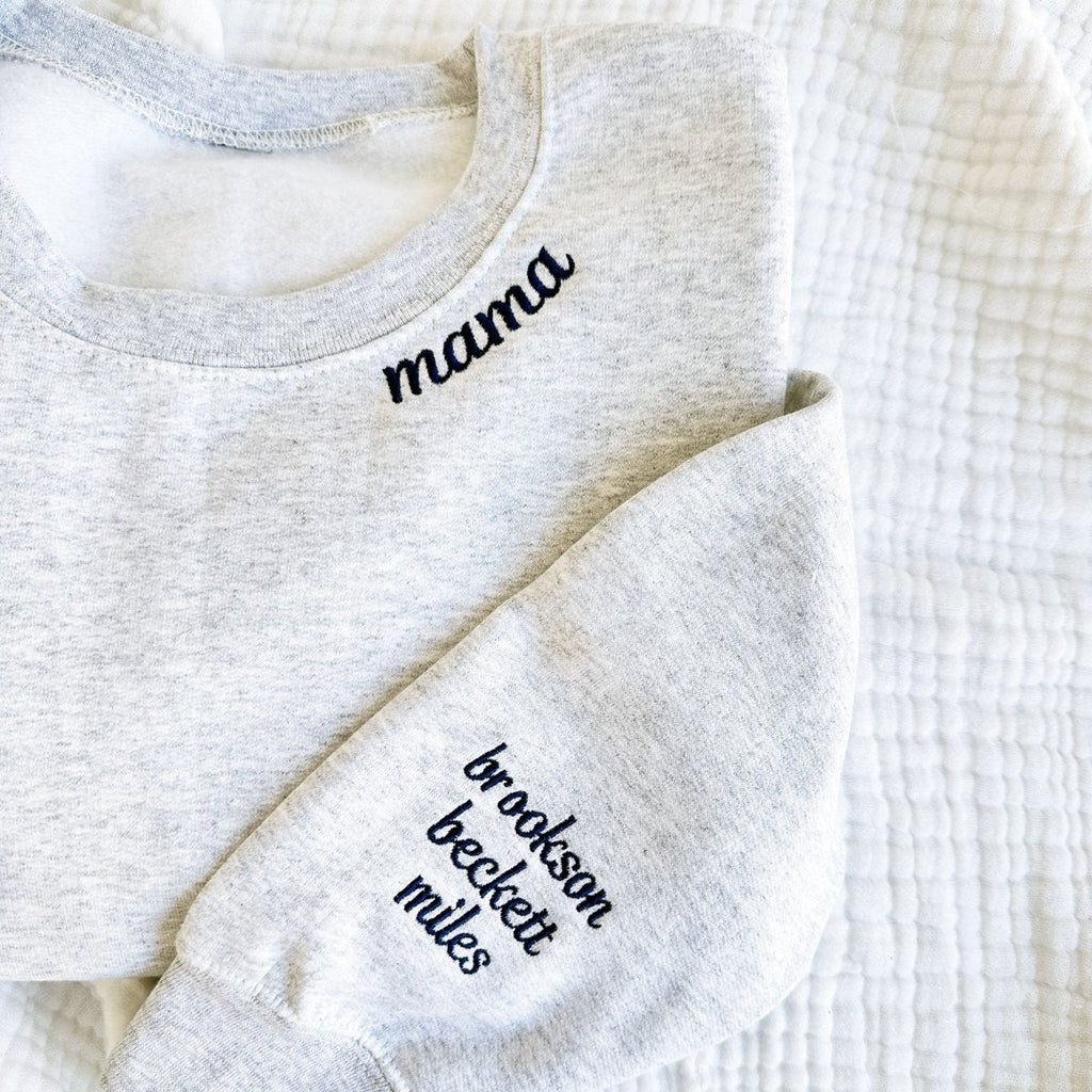 Embroidered Mama Sweatshirt with Kids Names on Sleeve
