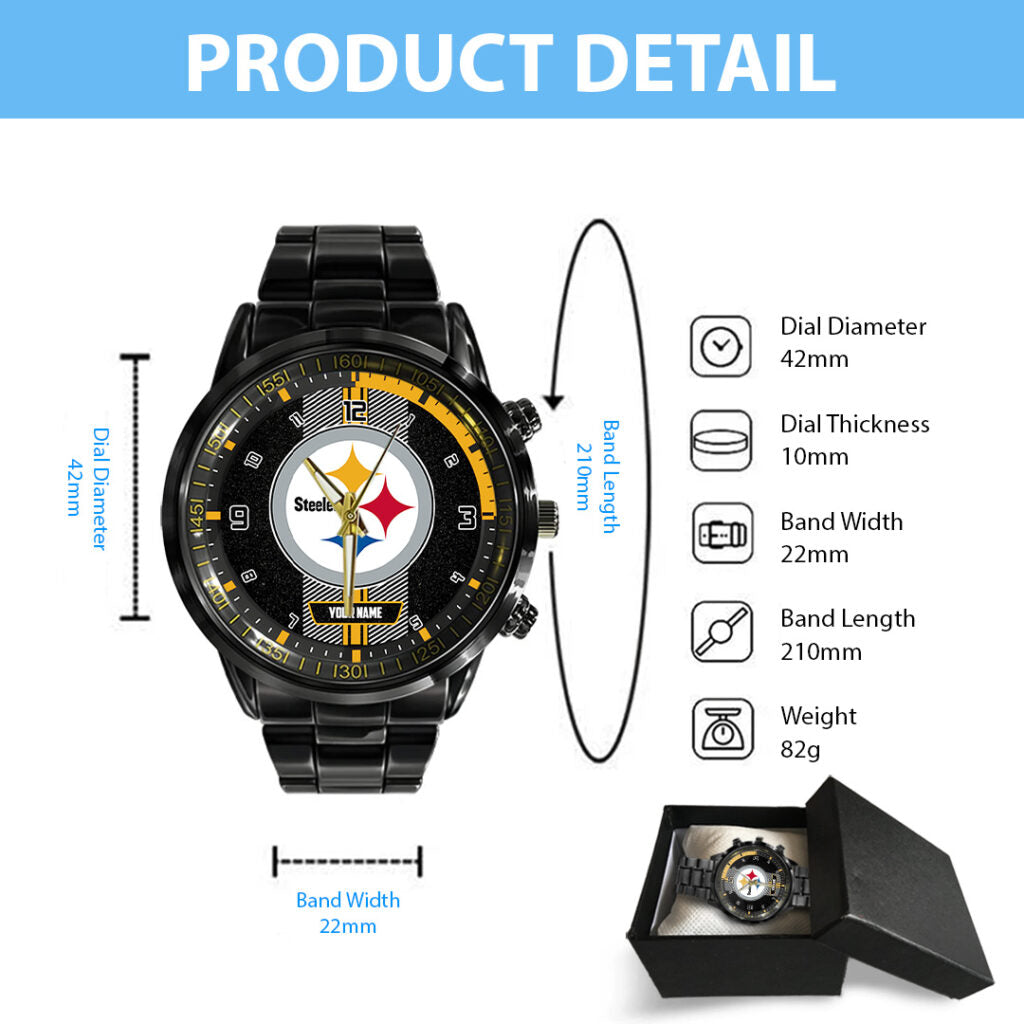 Personalized Pittsburgh Steelers Black Stainless Steel Watch - TANTN16033