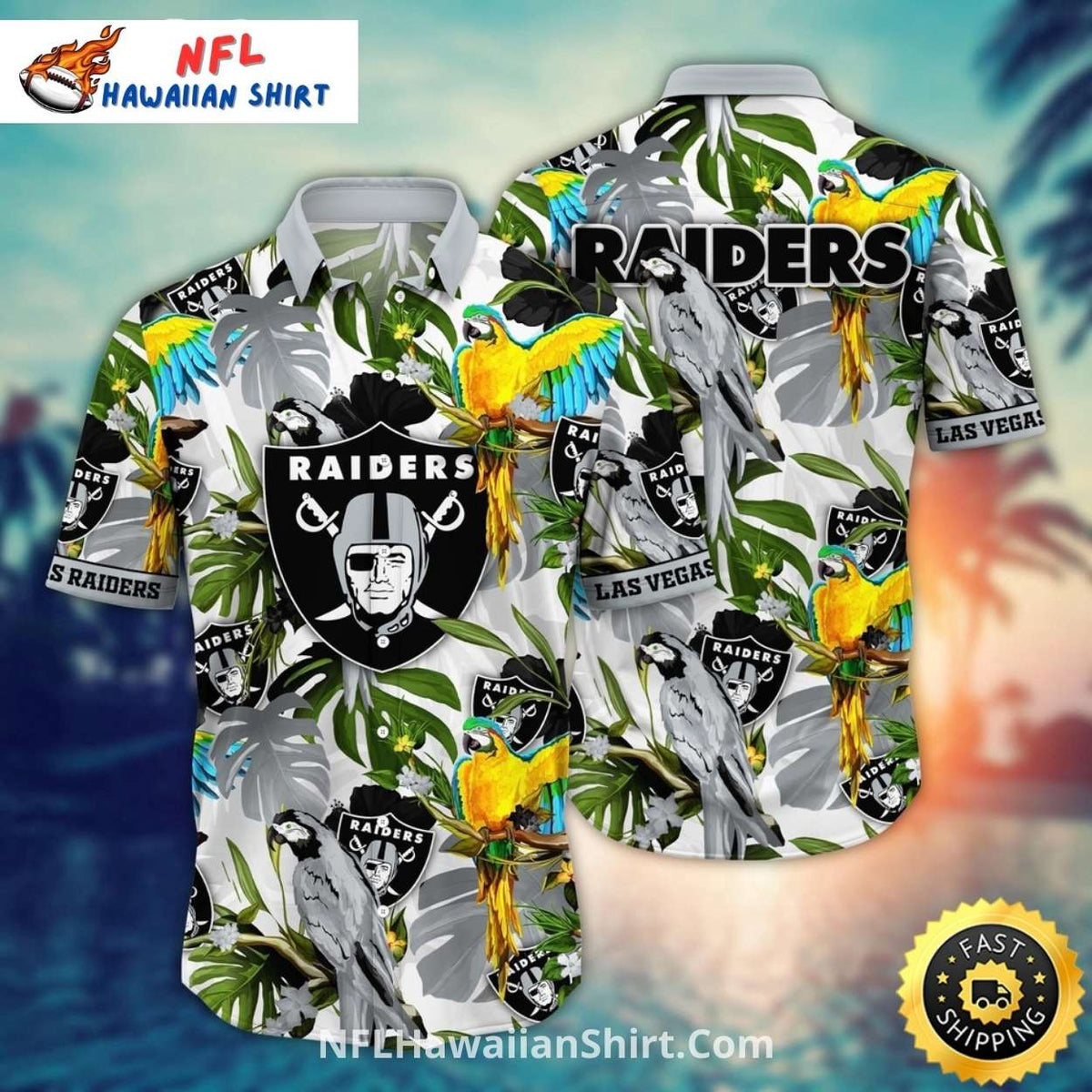 Raiders Hawaiian Shirt Parrot And Tropical Leaf Print