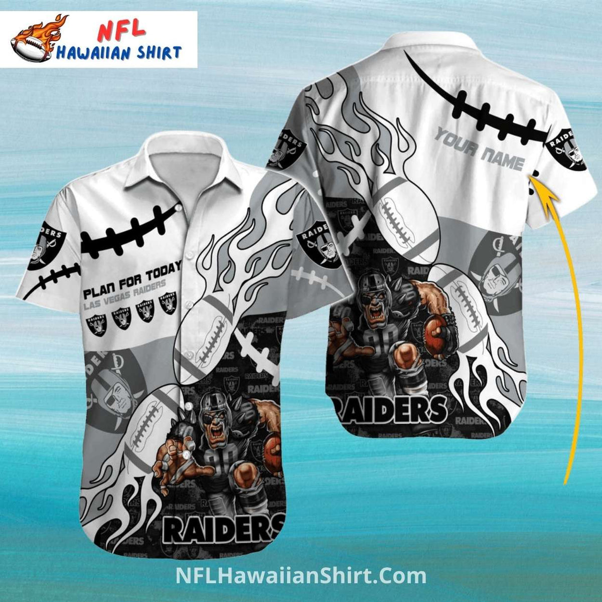 Raiders Hawaiian Shirt White Football Pattern With Flames