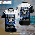 Raiders Hawaiian Shirt With Blue Roses And Bold Black White Design