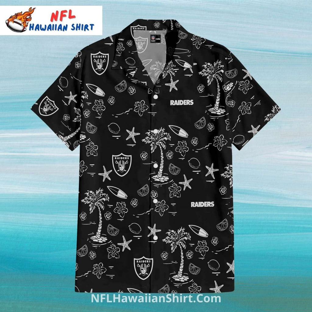 Raiders Hawaiian Shirt With Palm Trees And Surfboard Pattern