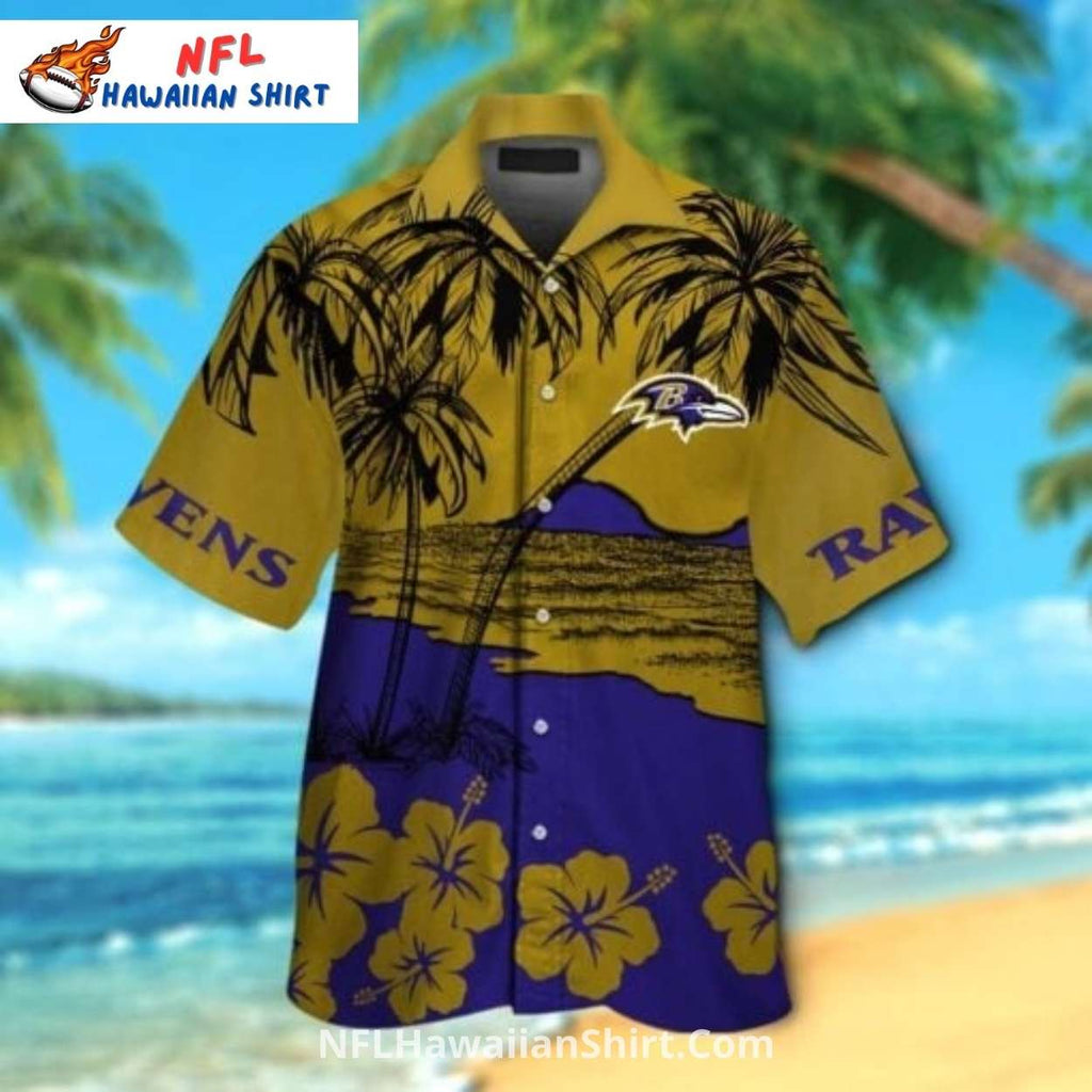 Ravens Aloha Shirt With Golden Sunset And Beach Scene