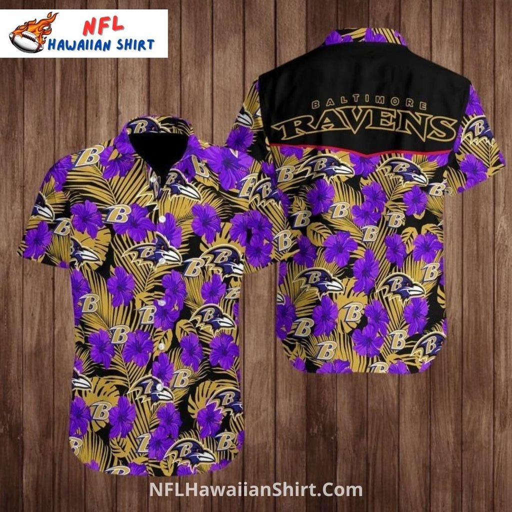 Ravens Aloha Shirt With Purple And Gold Floral Pattern
