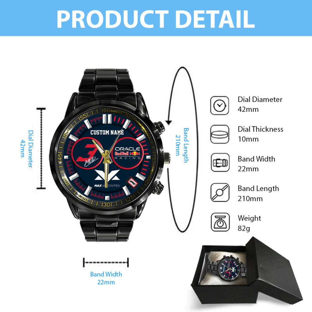 Personalized Red Bull Racing x Max Verstappen Black Stainless Steel Watch - TANTN21372