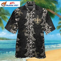 Saints Aloha Shirt Black Floral Pattern With Gold Accents