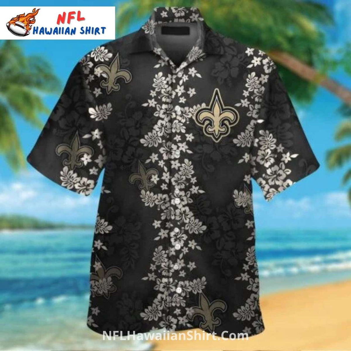 Saints Aloha Shirt Black Floral Pattern With Gold Accents