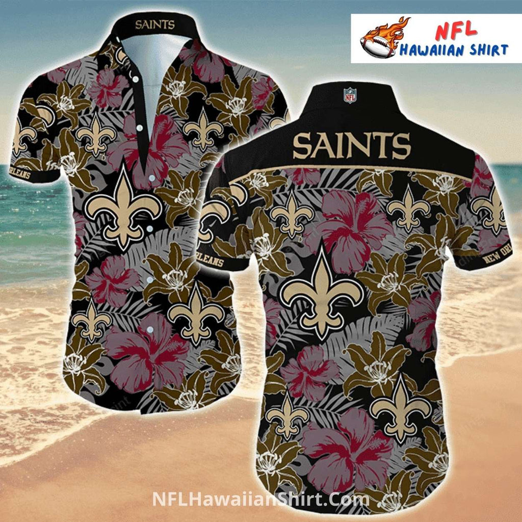 Saints Aloha Shirt Hibiscus Flower And Fleur-de-lis Print