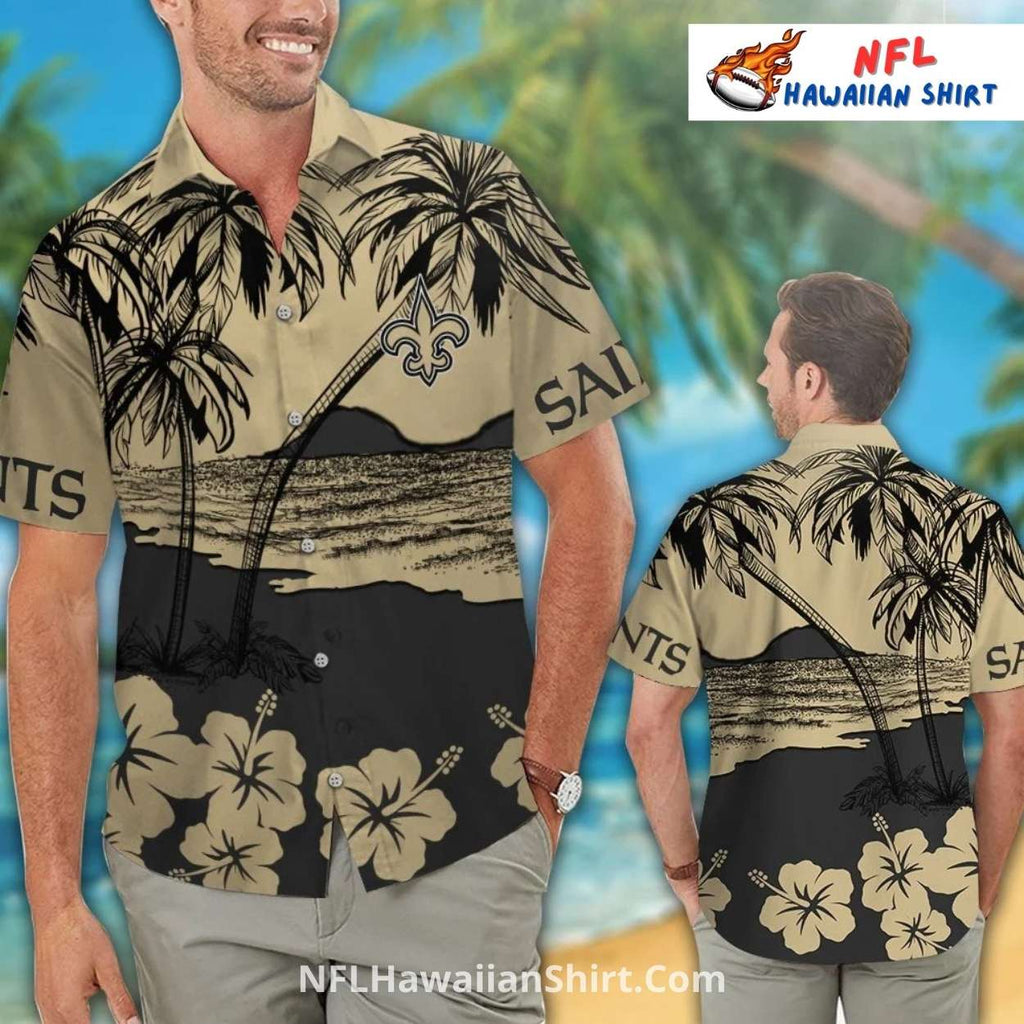 Saints Aloha Shirt Sunset Palm Tree Beach Design