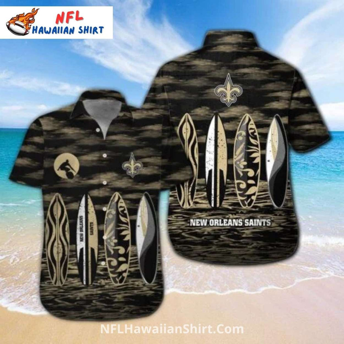 Saints Aloha Shirt Surfboard Beach Theme Black And Gold